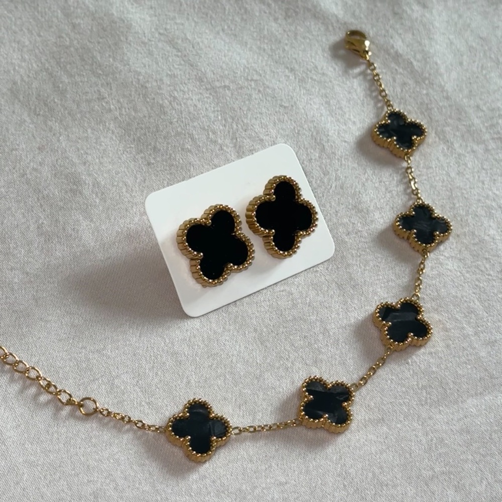 Gold and Black Clover Earrings With Bracelet Set